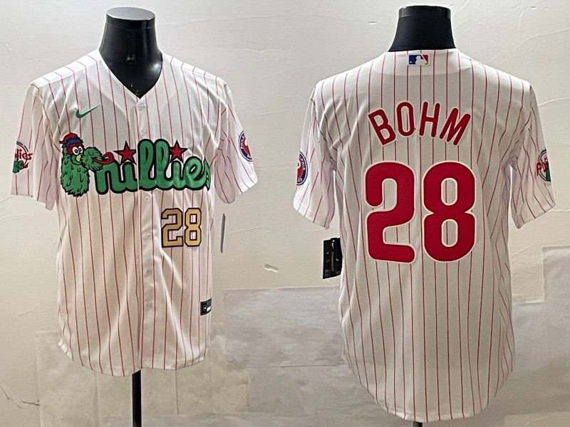 Men Philadelphia Phillies #28 Bohm White Stripe Three generations Joint Name Game 2025 Nike MLB Jersey style 2->philadelphia phillies->MLB Jersey